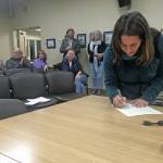 Storm Hansen-Cavasos is sworn in as a new member of the Homer City Council at a Monday, Oct. 14, 2019 council meeting at Homer City Hall in Homer, Alaska. Hansen-Cavasos residency prior to the election has been called into question and the council called for an official investigation. (Photo by Megan Pacer/Homer News)