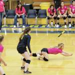 Homers Sela Weisser dives for the ball during a Friday, Oct. 18, 2019 volleyball game against Seward High School in the Alice Witte Gymnaisum in Homer, Alaska. (Photo by Megan Pacer/Homer News)