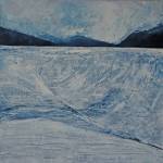 Kathy Smiths Root Glacier Swale, a painting in her exhibit, Rivers of Ice, showing at the Pratt Museum through Dec. 28. 2019, in Homer, Alaska. (Photo by Michael Armstrong/Homer News)