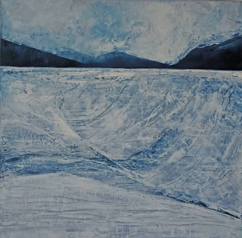 Kathy Smiths Root Glacier Swale, a painting in her exhibit, Rivers of Ice, showing at the Pratt Museum through Dec. 28. 2019, in Homer, Alaska. (Photo by Michael Armstrong/Homer News)