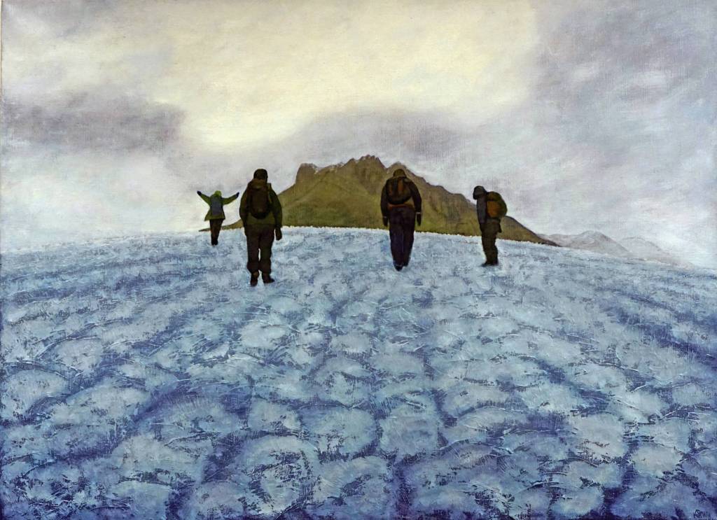 Kathy Smiths On the Root Glacier, a painting in her exhibit, Rivers of Ice, showing at the Pratt Museum in Homer, Alaska. (Photo by Michael Armstrong/Homer News)