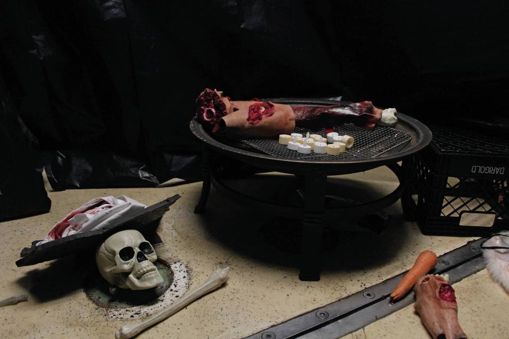 Props sit ready to be used to scare guests at this years Haunted Hickory, a haunted house set up on the US Coast Guard Cutter Hickory vessel, on Friday, Oct. 25, 2019 at the harbor in Homer, Alaska. (Photo by Megan Pacer/Homer News)