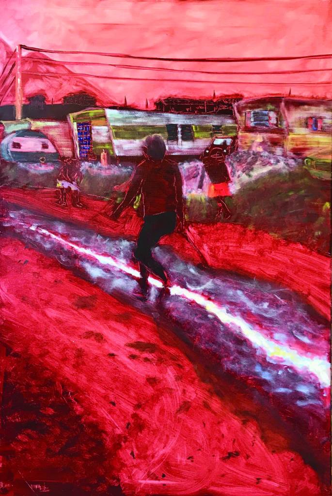 David Sorensens painting, Angels with Dirty Faces, takes its title from a song by 1970s punk rock band Sham 69. Its part of a student art show that opened Nov. 1, 2019, at the Kachemak Bay Campus in Homer, Alaska. (Photo courtesy of Asia Freeman)