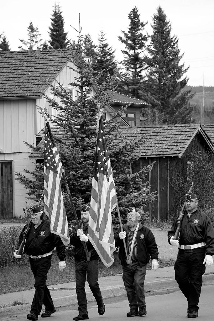 Photo by Michael Armstrong / Homer News                                 Members of the Veterans of Foreign Wars, Anchor Point Post, march on Pioneer Avenue in Veterans Day ceremonies on Nov. 11, 2019,in Homer, Alaska.