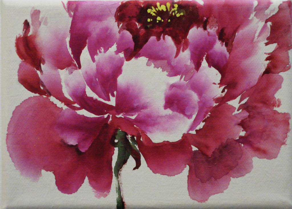 Sharlen Clines Peony is one of the pieces in the 5x7 show at the Homer Council on the Arts that opened on Nov. 1, 2019, in Homer, Alaska. (Photo by Michael Armstrong/Homer News)