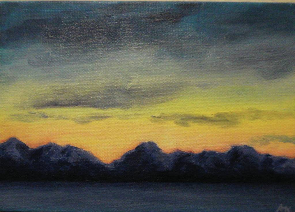 Amanda Kellys Kachemak Bay Sunset is one of the pieces in the 5x7 show at the Homer Council on the Arts that opened on Nov. 1, 2019, in Homer, Alaska. (Photo by Michael Armstrong/Homer News)
