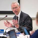 In this file photo from Sept. 15, 2016, University of Alaska President Jim Johnsen makes a presentation to the universitys Board of Regents at the University of Alaska Southeast Recreation Center. Johnsen and the UA board discussed tuition increases and budget concerns Friday. (Michael Penn | Juneau Empire File)