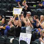 Homer fans cheer on the Mariners Saturday, Nov. 16, 2019, against Kenai Central at the Class 3A state volleyball tournament at the Alaska Airlines Center in Anchorage, Alaska. (Photo by Joey Klecka/Peninsula Clarion)