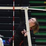 Kenais Bethany Morris puts up a shot Saturday, Nov. 16, 2019, against Homer at the Class 3A state volleyball tournament at the Alaska Airlines Center in Anchorage, Alaska. (Photo by Joey Klecka/Peninsula Clarion)