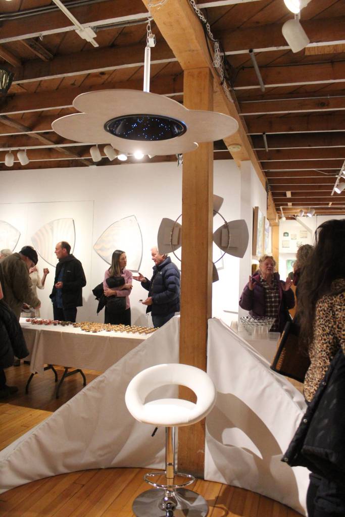 An art piece called Sem Kizhi, or Celestial Incarnation, sits in the middle of Bunnell Street Arts Center during an exhibit opening for Alaska Native artist Argent Kvasnikoff on Friday, Dec. 6, 2019 in Homer, Alaska. (Photo by Megan Pacer/Homer News)