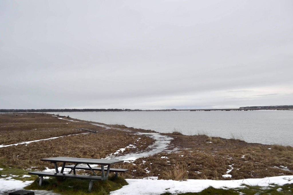 The Kenai River sits high next to the Kenai Flats, which was blanketed with snow last week, on Monday, Dec.9, 2019, in Kenai, Alaska. (Photo by Victoria Petersen/Peninsula Clarion)