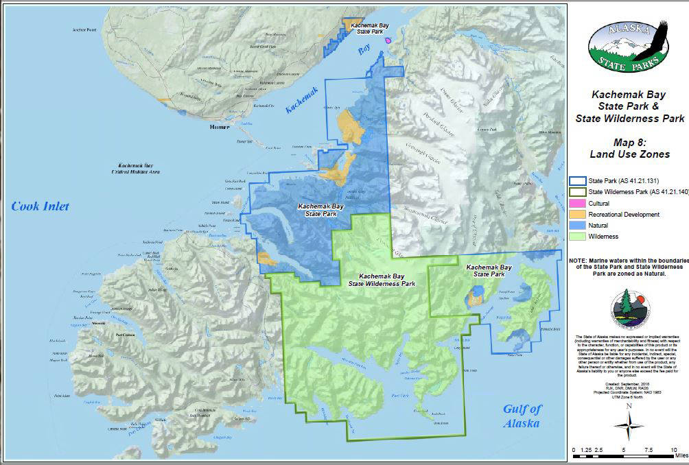 This map from the Kachemak Bay State Park and Kachemak Bay State Wilderness Park Management Plan shows the boundaries of Kachemak Bay State Park and Kachemak Bay State Wilderness Park. (Image courtesy Dan Saddler, Alaska DNR)
