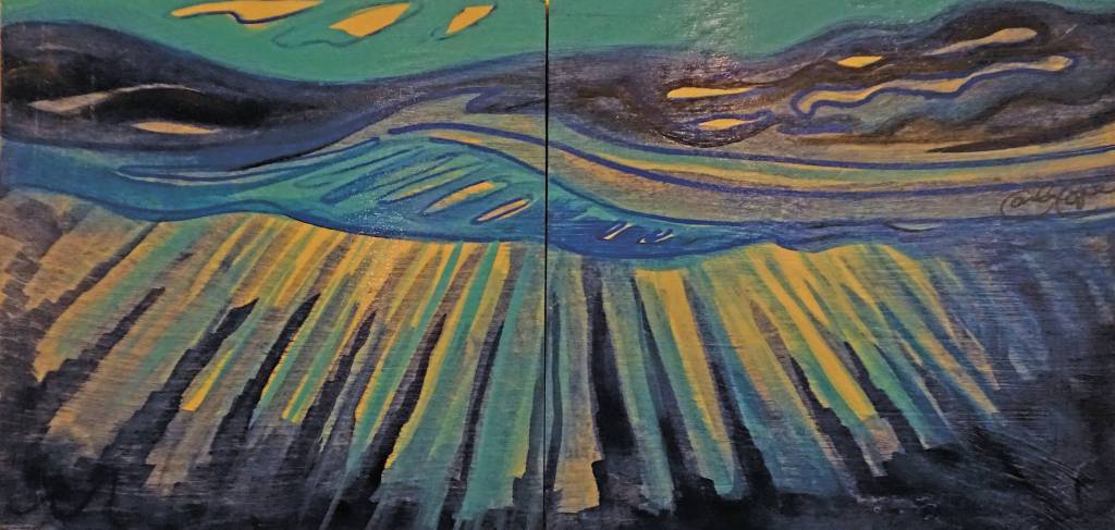 Carla Copes Light in the Water Sketch I and II, on display at K-Bay Caffe, as seen in this photo taken on Dec. 16, 2019, in Homer, Alaska. (Photo by Michael Armstrong/Homer News)