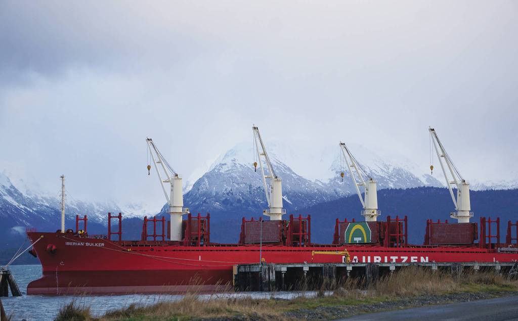 The Iberian Bulker is moored at the Deep Water Dock on Tuesday, Dec. 17, 2019, in Homer, Alaska, while being loaded with 22,000 metric tons of sulfur to be shipped to China. (Photo by Michael Armstrong/Homer News)