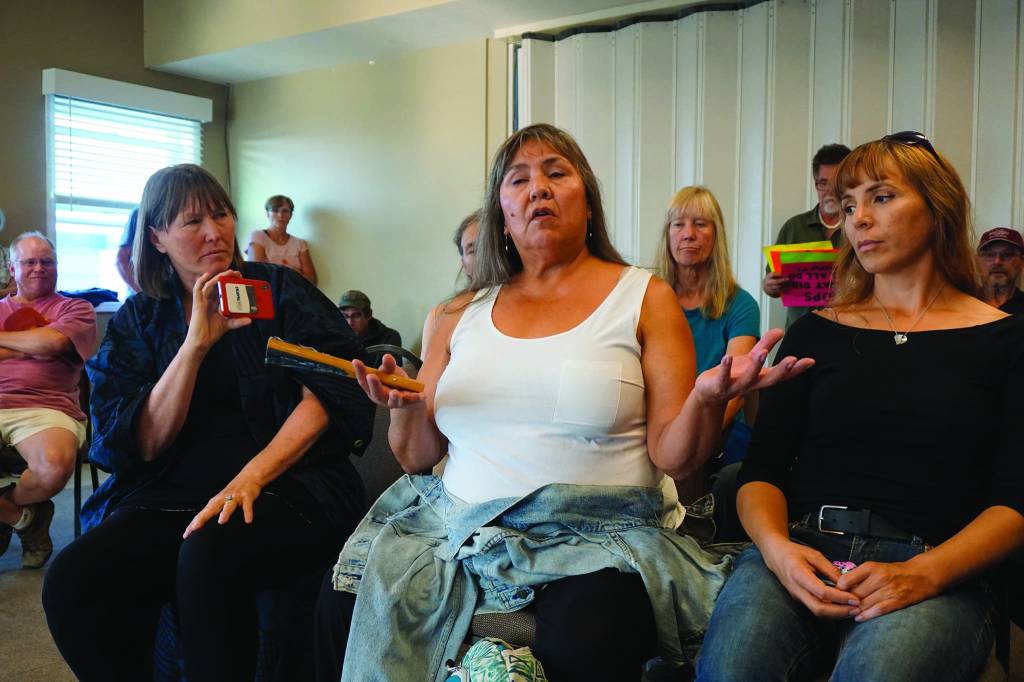Nancy Yeaton of Nanwalek speaks at a Hilcorp meeting on lower Cook Inlet seismic testing on Aug. 23, 2019, at Lands End Resort in Homer, Alaska. (Photo by Michael Armstrong/Homer News)