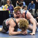 Soldotnas Sean Babbitt competes against Wasillas Colton Lindquist in the Division I boys 171-pound final Saturday, Dec. 21, 2019, at the ASAA State Wrestling Championships at the Alaska Airlines Center in Anchorage, Alaska. (Photo by Joey Klecka/Peninsula Clarion)