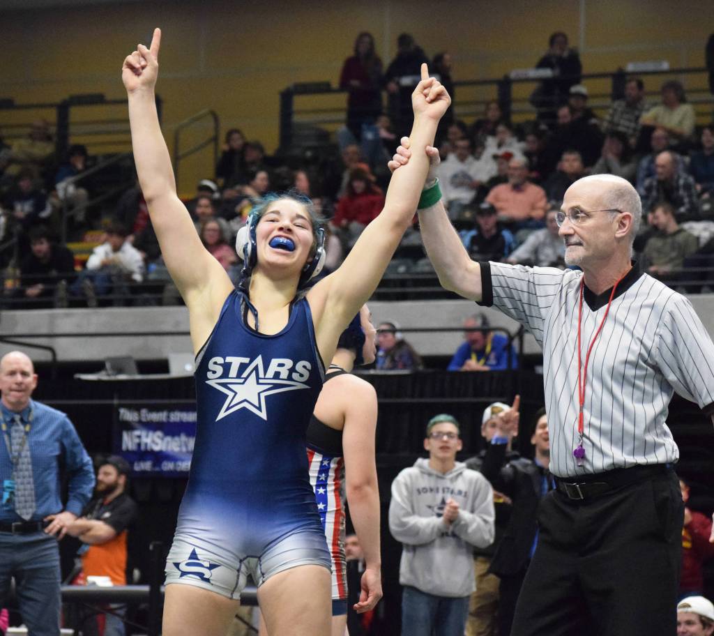 Soldotnas Trinity Donovan is crowned the champion of the girls 145-pound division Saturday, Dec. 21, 2019, at the ASAA State Wrestling Championships at the Alaska Airlines Center in Anchorage, Alaska. (Photo by Joey Klecka/Peninsula Clarion)