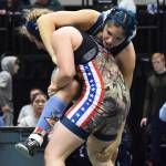 Soldotnas Trinity Donovan wrestles Emily Bellant of North Pole in the girls 145-pound final Saturday, Dec. 21, 2019, at the ASAA State Wrestling Championships at the Alaska Airlines Center in Anchorage, Alaska. (Photo by Joey Klecka/Peninsula Clarion)