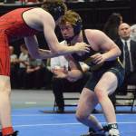 Homers Mose Hayes challenges Eielsons Adam Jockusch in the Division II boys 152-pound final Saturday at the ASAA State Wrestling Championships at the Alaska Airlines Center in Anchorage, Alaska. (Photo by Joey Klecka/Peninsula Clarion)