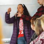 Winter Marshall-Allen asks Rep. Sarah Vance, R-Homer, a question at a town hall meeting last Saturday, Jan. 11, 2020, at the Kachemak Bay Campus in Homer, Alaska. (Photo by Michael Armstrong/Homer News)