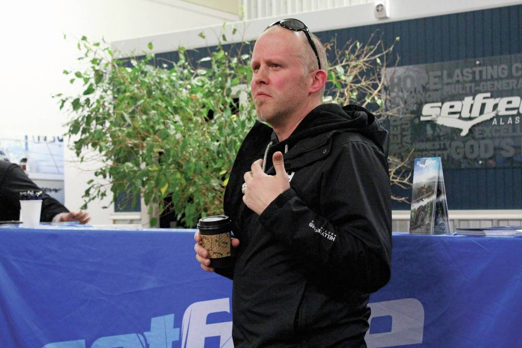 Aaron Weisser, pastor at Church on the Rock Homer, gives opening remarks at a grand opening ceremony for Set Free Alaskas outpatient services on Ocean Drive on Monday, Jan. 13, 2020 in Homer, Alaska. (Photo by Megan Pacer/Homer News)