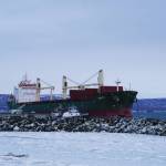 Ice chokes the entrance to the Homer Harbor on Jan. 9, 2020, in Homer, Alaska. The Tufty is moored at the Deep Water Dock outside the main harbor. (Photo by Michael Armstrong/Homer News)