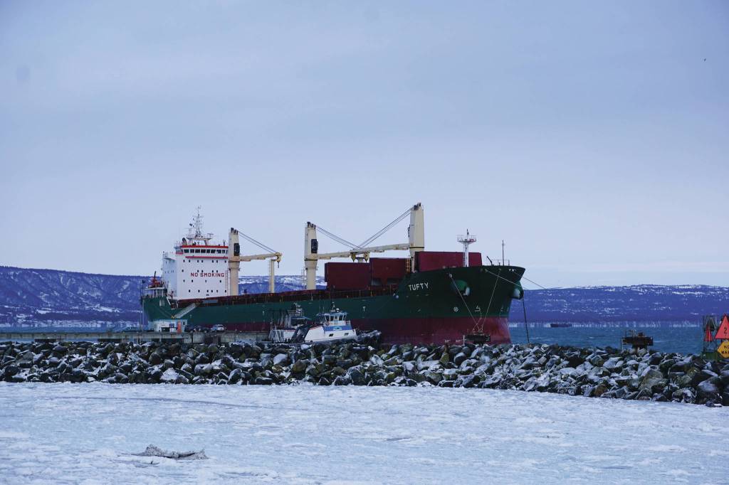 Ice chokes the entrance to the Homer Harbor on Jan. 9, 2020, in Homer, Alaska. The Tufty is moored at the Deep Water Dock outside the main harbor. (Photo by Michael Armstrong/Homer News)