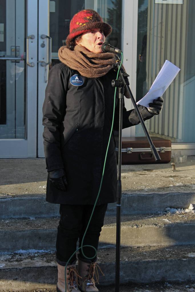 Rika Mouw speaks at this years Womens March on Homer on Saturday, Jan. 18, 2020 at the Homer Education and Recreation Complex in Homer, Alaska. About 300 men, women and children marched along Pioneer Avenue to WKFL Park. (Photo by Megan Pacer/Homer News)