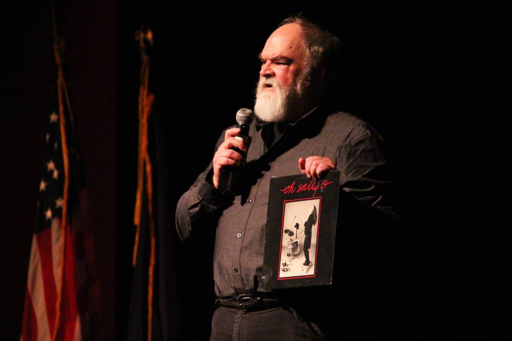 Homer Mayor Ken Castner speaks about Gary Thomas, a Homer man killed last week in a water heater explosion, during a memorial for him Sunday, Jan. 19, 2020 at Homer Mariner Theatre at Homer High School in Homer, Alaska. (Photo by Megan Pacer/Homer News)