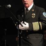 Homer Volunteer Fire Department Chief Mark Kirko speaks during a Sunday, Jan. 19, 2020 memorial for Homer resident Gary Thomas at the Homer Mariner Theatre at Homer High School in Homer, Alaska. Thomas, who was killed this month in a water heater explosion, was a volunteer firefighter for more than 40 years. (Photo by Megan PacerHomer News)