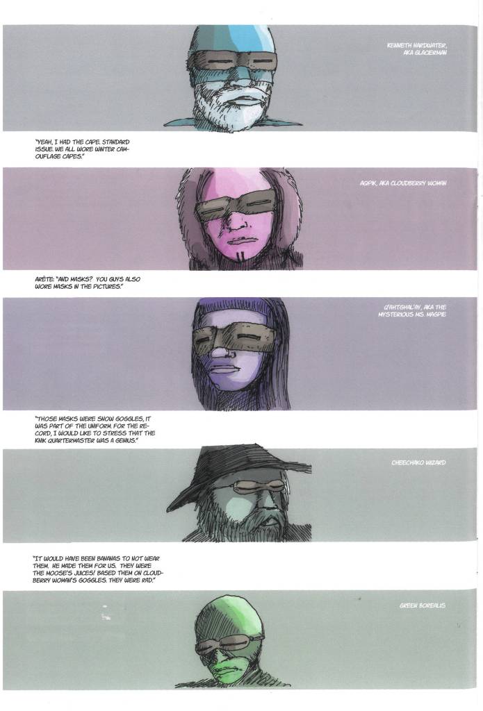 Some of the superheroes in Nathan Shafers Wintermoot: Book Two: Sourdough and Arete. Instead of masks, Shafers characters wear Inuit snow goggles. (Image courtesy of Nathan Shafer)