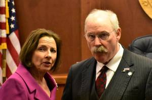 Senate President Cathy Giessel, R-Anchorage, and Sen. Bert Stedman, R-Sitka, talk before the first floor session of the year on Tuesday, Jan. 21, 2020. (Peter Segall | Juneau Empire)