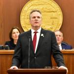 Gov. Mike Dunleavy give his State of the State address to a joint session of the Alaska Legislature on Monday, Jan. 27, 2020 in Juneau, Alaska. (Photo by Peter Segall/Juneau Empire)