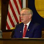House Speaker Bryce Edgmon, I-Dillingham, speaks with reporters following the governors State of the State speech on Monday, Jan. 27, 2020 in Juneau, Alaska. (Photo by Peter Segall/Juneau Empire)