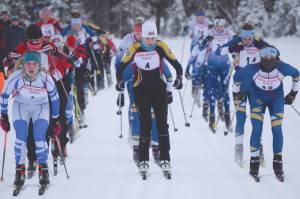 Palmers Zoe Copp, Grace Christians Anna McLaughlin and Homers Autumn Daigle lead the pack at the start of the Kenai Klassic on Friday, Jan. 24, 2020, at Kenai Golf Course in Kenai, Alaska. (Photo by Jeff Helminiak/Peninsula Clarion)