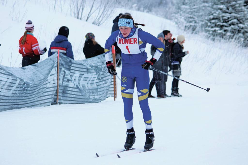 Homers Autumn Daigle skis to first place in the varsity girls 5-kilometer classic race Friday, Jan. 31, 2020 during the Homer Invite at the Lookout Mountain Trails on Ohlson Mountain Road near Homer, Alaska. (Photo by Megan Pacer/Homer News)