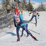 Soldotnas Jack Harris leads a group of skiers down a hill during the boys varsity 5-kilometer skate race Saturday, Feb. 1, 2020 during the Homer Invite at the Lookout Mountain Trails on Ohlson Mountain Road near Homer, Alaska. (Photo by Megan Pacer/Homer News)