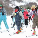 Three skiers dressed as clowns take off at the start of this years Ski for Women on Sunday, Feb. 2, 2020 at the Lookout Trails on Ohlson Mountain Road near Homer, Alaska. (Photo by Megan Pacer/Homer News)