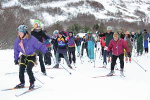 Skiers take off at the start of this years Ski for Women on Sunday, Feb. 2, 2020 at the Lookout Trails on Ohlson Mountain Road near Homer, Alaska. (Photo by Megan Pacer/Homer News)