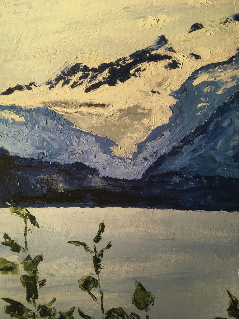 Debi Poores Many Moods of the Wosnesenski features her art inspired by the river and glacier on Kachemak Bay. Poores art is featured at Grace Ridge Brewery for February 2020 at the brewery in Homer, Alaska. (Photo courtesy of Grace RidgeBrewery)