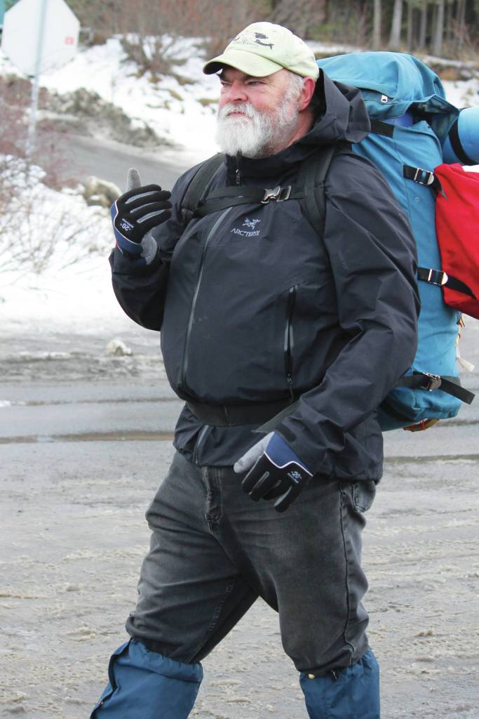 Homer Mayor Ken Castner marches in this years Homer Winter Carnival Parade on Saturday, Feb. 8, 2020 on Pioneer Avenue in Homer, Alaska. (Photo by Megan Pacer/Homer News)