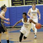 Homers Eyoab Knapp brings the ball down the court during a Friday, Feb. 7, 2020 game against Galena during the Homer Winter Carnival Basketball Tournament at Homer High School in Homer, Alaska. (Photo by Megan Pacer/Homer News)