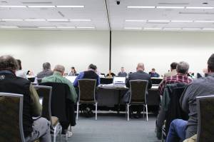 Members of the Alaska Board of Fisheries meet for the Upper Cook Inlet Finfish Meeting at the William A. Egan Convention Center in Anchorage, Alaska, on Feb. 11, 2020. (Photo by Brian Mazurek/Peninsula Clarion)