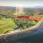 A diagram presented by Teresa Jacobson Gregory illustrates the proposed extension of the Trimbles gravel pit and the impact it may have on the surrounding state recreation area. The red markers indicate the current gravel mining area, and the orange represents the area the extension may allow for mining if approved. Kenai Peninsula Borough Planning Department liaison Bruce Wall said there would be a 100-feet setback from the ocean. (Image courtesy Teresa Jacobson Gregory)