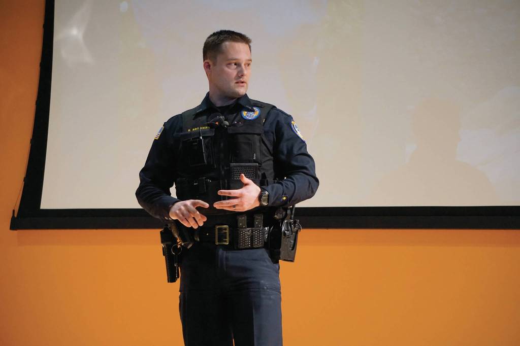Homer Police Lt. Ryan Browning speaks at a community conversation about a missing Homer woman, Anesha Duffy Murnane, Thursday, Feb. 13, 2020, at Alaska Islands and Ocean Visitor Center in Homer, Alaska. (Photo by Michael Armstrong/Homer News)