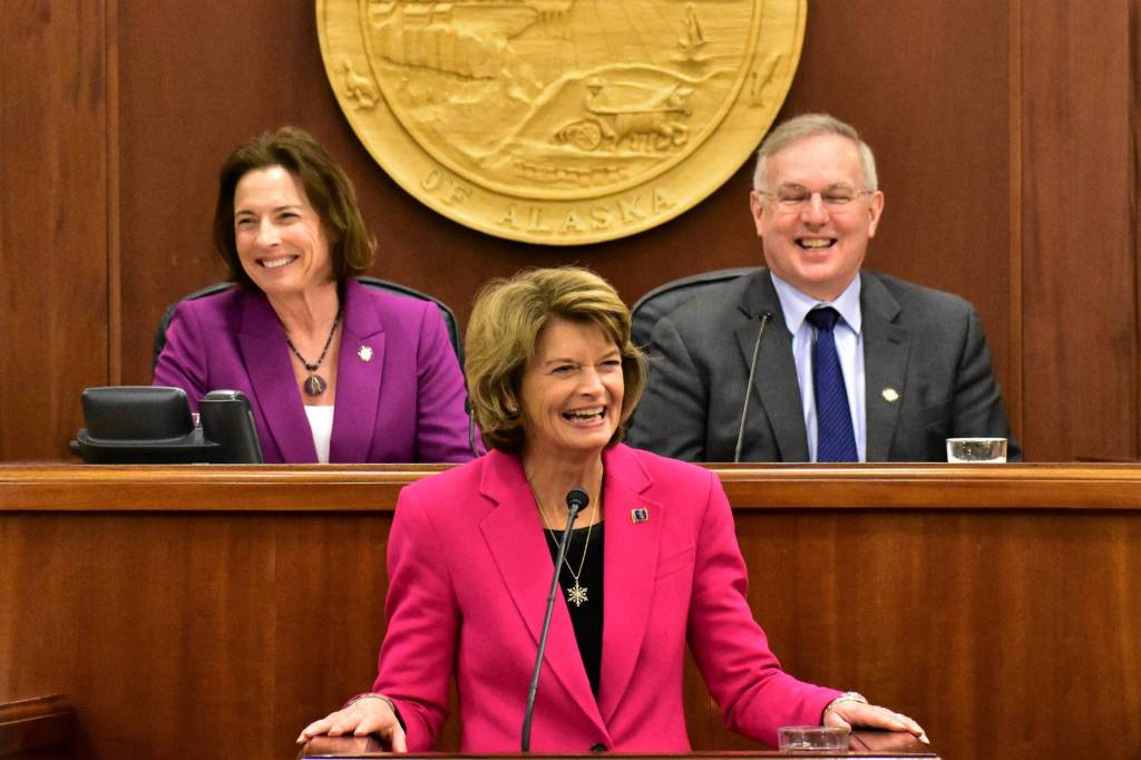 U.S. Sen. Lisa Murkowski, R-Alaska, addresses a joint session of the Alaska Legislature in the House chamber with Senate President Cathy Giessel, R-Anchorage, and House Speaker Bryce Edgmon, I-Dillingham on Tuesday. (Peter Segall | Juneau Empire)
