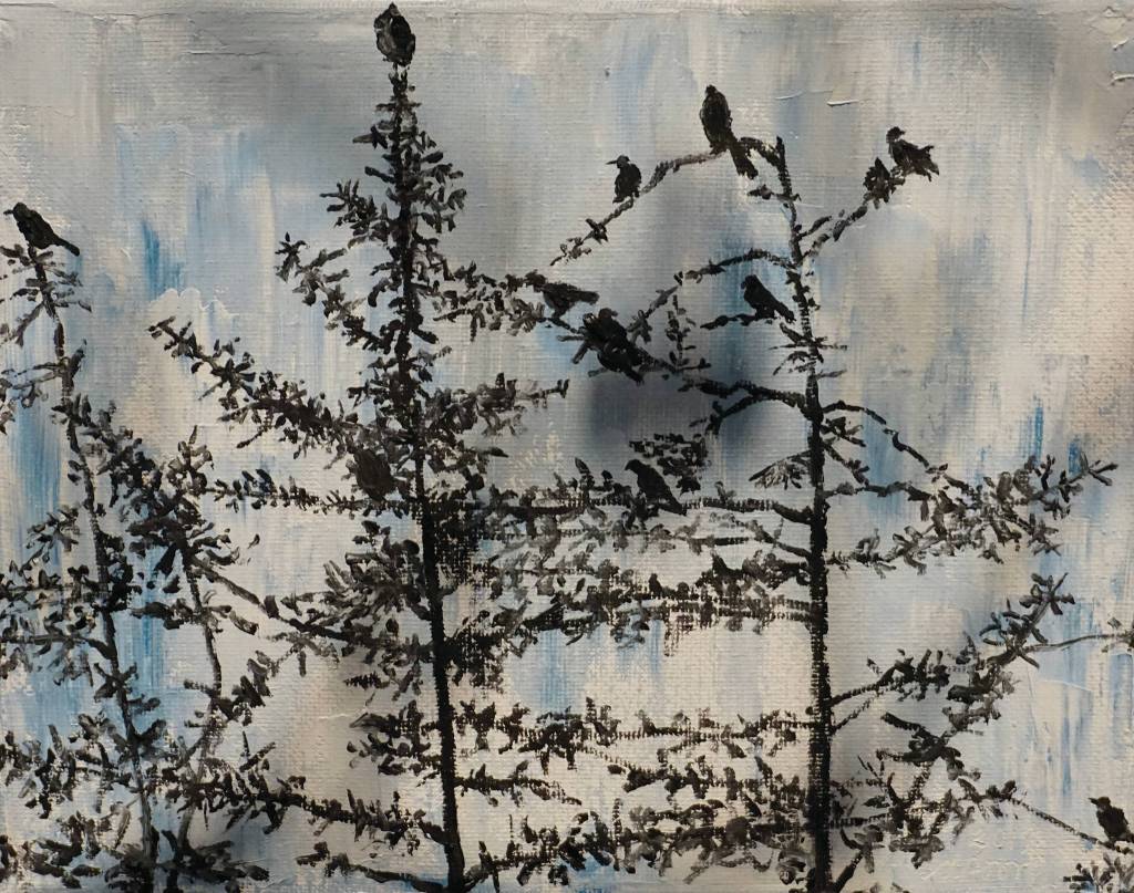 One of Deborah Poores paintings at the Friday, Feb. 7, 2020, opening of her show, Many Moods of the Wosnesenski at Grace Ridge Brewery in Homer, Alaska. (Photo by Michael Armstrong/Homer News)