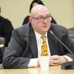 Michael Bork, parks and recreation director for the Fairbanks North Star Borough, interviews for the position of Homer City Manager during a special meeting Tuesday, Feb. 25, 2020 at Homer City Hall in Homer, Alaska. (Photo by Megan Pacer/Homer News)