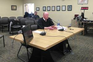 Randy Robertson, a candidate for the Homer city manager position, interviews in front of the Homer City Council on Wednesday, Feb. 26, 2020 at Homer City Hall in Homer, Alaska. The council voted 4-2 to offer the position to Robertson. (Photo by Megan Pacer/Homer News)