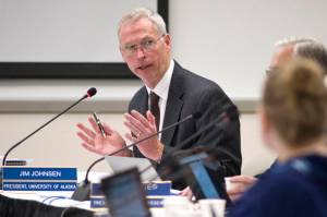 University of Alaska President Jim Johnsen makes a presentation to the universitys Board of Regents at the University of Alaska Southeast Recreation Center on Sept. 15, 2016. Johnsen and the UA board discussed tuition increases and budget concerns Friday. (Michael Penn | Juneau Empire File)